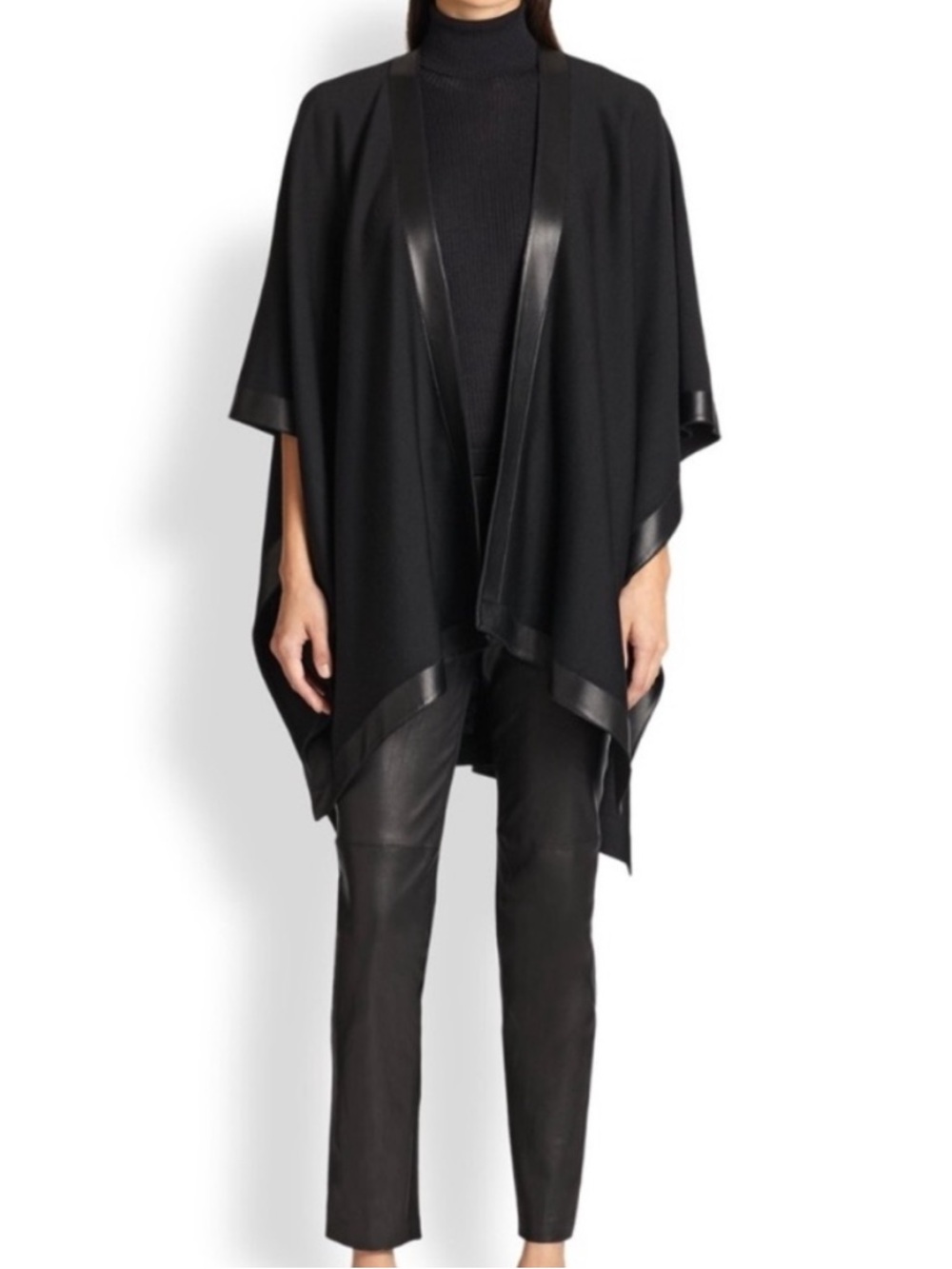 New St. John Milano Knit Leather Trim Cape Wool Rayon Black OS - Picture 2 of 14